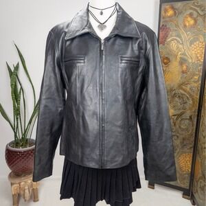 Y2K Black Leather Zip Jacket Womens Minimalist Moto‎ Style Indie Sleaze